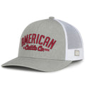 Introducing the ACC Embroidered Hat by Rural Cloth: a stylish gray and white hat featuring a mesh back for ventilation. The front showcases red embroidered text reading 