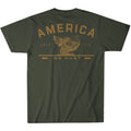 The America We Hunt Turkey Tee from Rural Cloth is a green t-shirt with a turkey hunting graphic in gold, 