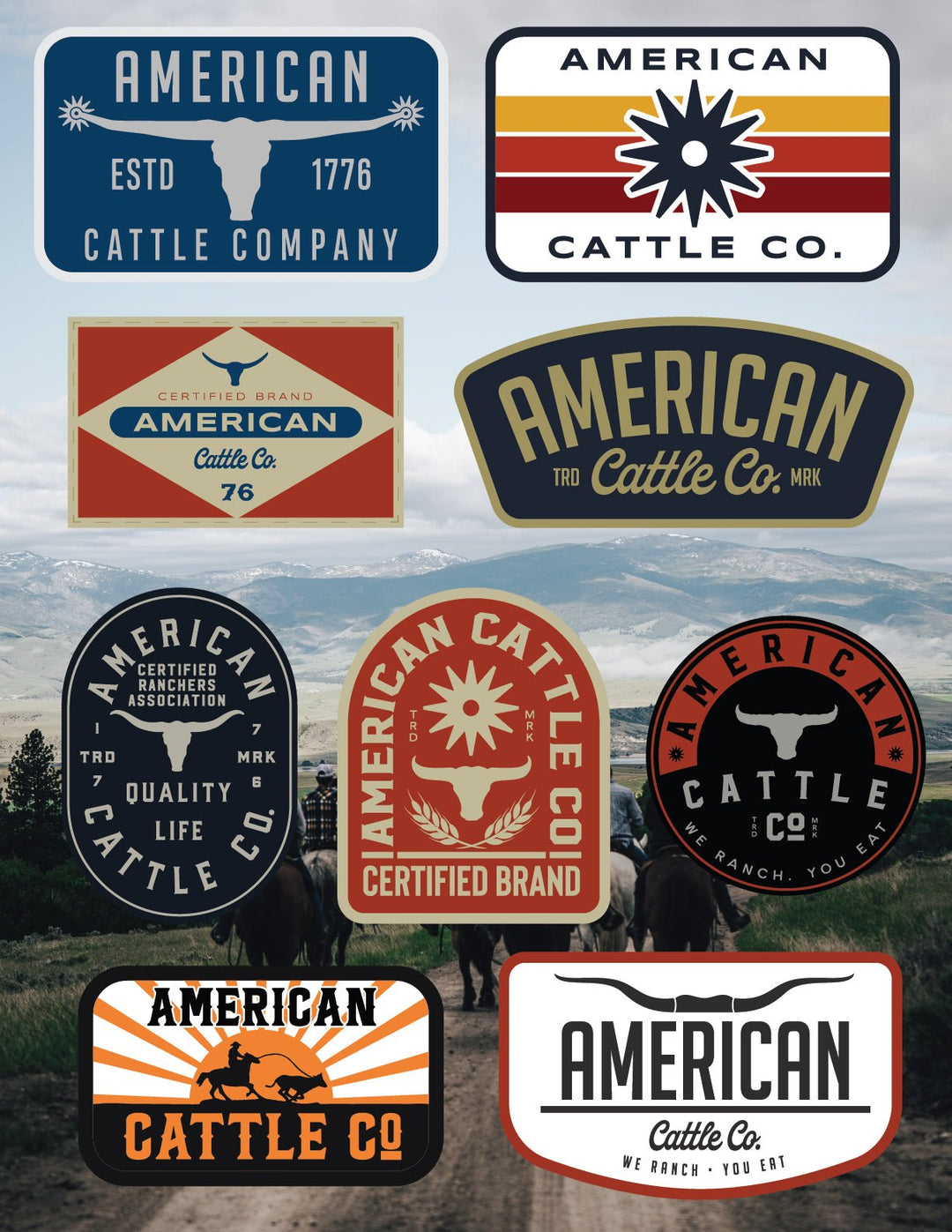 Image showcasing a collection of logos from the "American Cattle Co Decal Sheet" by Rural Cloth. Each logo presents unique designs, color schemes, and fonts, often featuring motifs like stars, cattle, and western typography. The background depicts a scenic landscape with mountains and two people on horseback. This decal sheet is perfect for various applications.