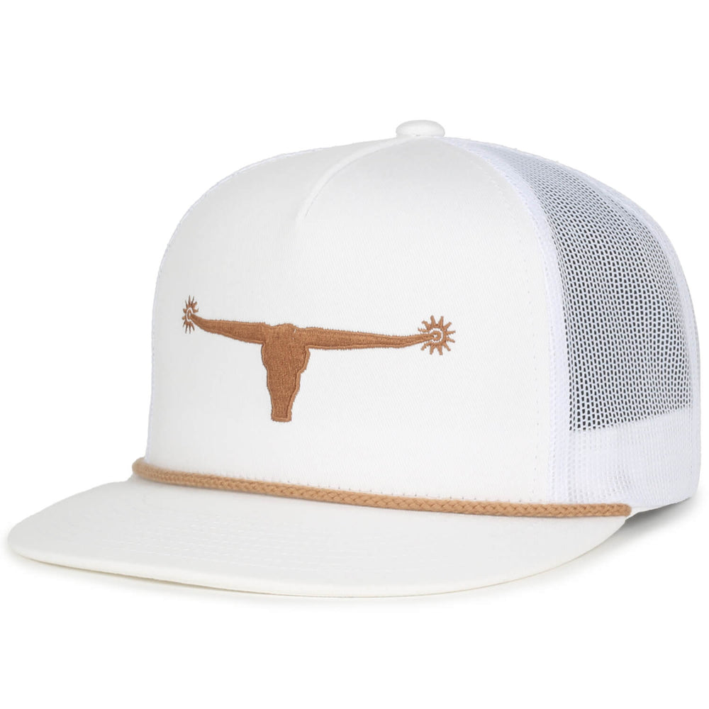 The Bull Spurs Icon Hat by Rural Cloth is a white trucker hat designed with a breathable mesh back. It features a beige embroidered Bull Spurs Icon on the front, showcasing a longhorn skull adorned with decorative spurs. A beige rope detail accents the base of the front panel.