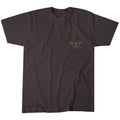 The Rural Cloth Cluck Cluck Boom Tee is a plain dark brown T-shirt made from super soft cotton, featuring a small light brown logo of crossed tools and a laurel wreath encircling 