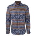 The Desperado Polar Fleece by Rural Cloth is a long-sleeved button-up shirt jacket in Smooth Brown, featuring a geometric pattern in shades of blue, brown, and white. The shirt includes two chest pockets with branded metal snaps and a folded collar, offering a textured, woven appearance to the fabric.