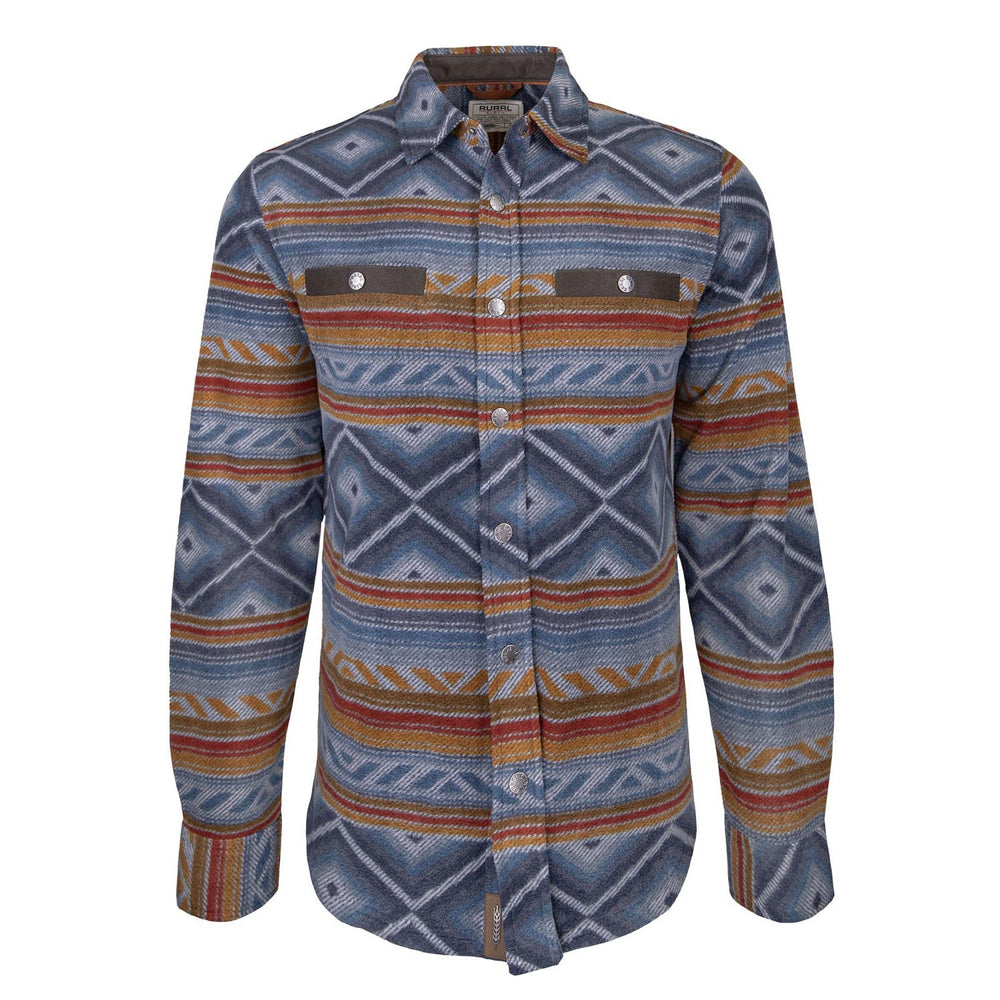 The Desperado Polar Fleece by Rural Cloth is a long-sleeved button-up shirt jacket featuring a geometric pattern in vibrant red, blue, gray, maroon, and yellow tones. This polar fleece shirt includes two chest pockets with branded metal snaps and a pointed collar.