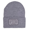 Rural Cloth's Farmers Feed America Beanie is a gray knit beanie with a folded brim, adorned with a rectangular patch that reads 