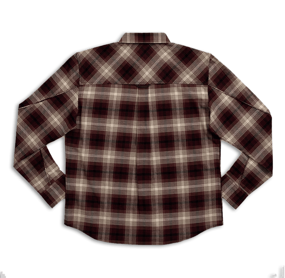 The Foreman Stretch Flannel by Rural Cloth is displayed from the back, showcasing its long-sleeve, collared design and rugged plaid pattern in dark red, black, and white.