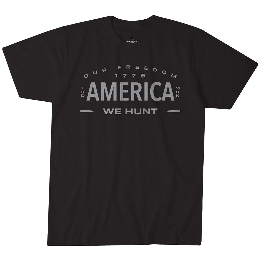 The black Large (L) Hunt America Tee by Rural Cloth features white text that reads: 