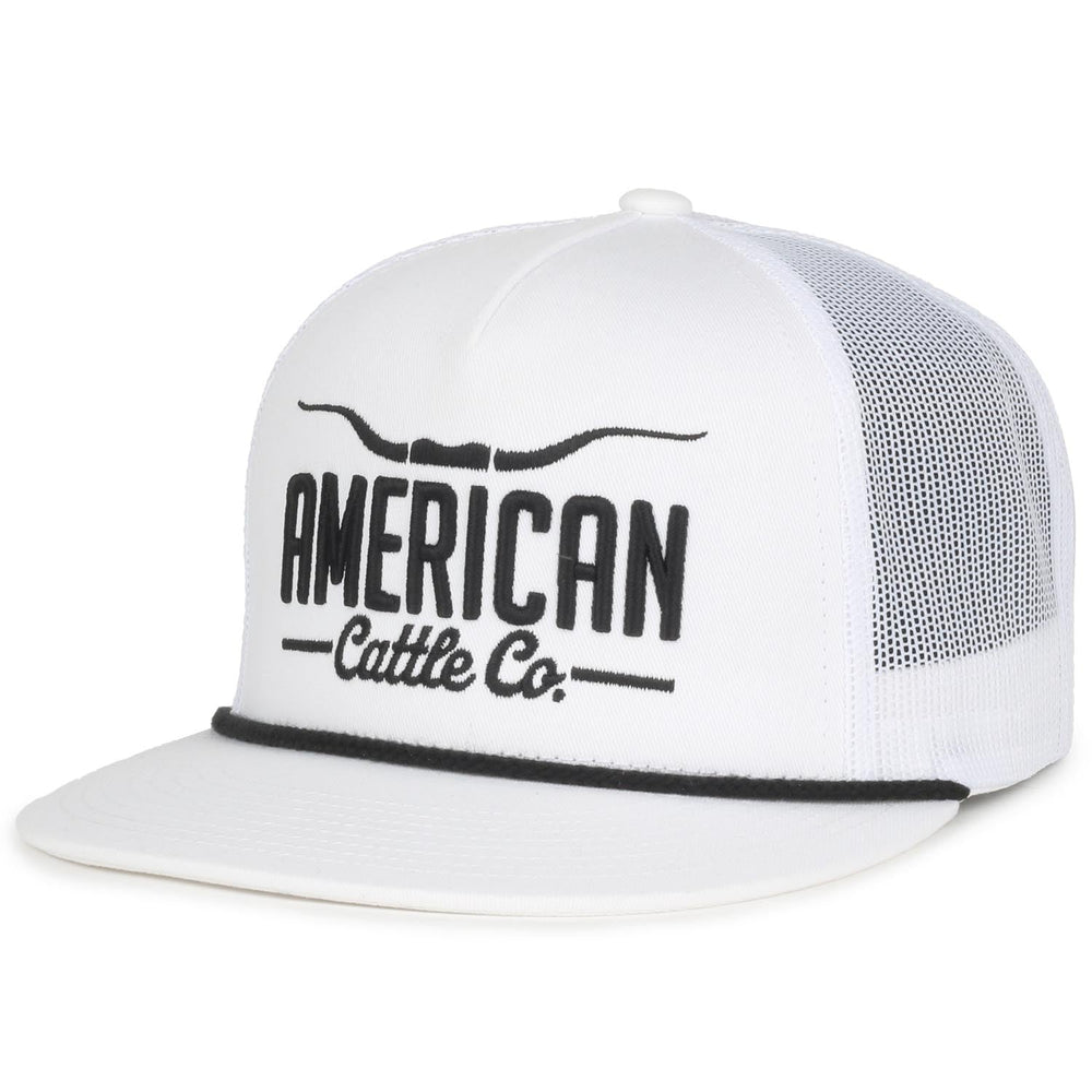 The Longhorn Hat by Rural Cloth is a white mesh 5-Panel Flat Bill Snapback featuring "American Cattle Co." printed in black on the front. The hat showcases a line drawing of longhorn horns above the text and has a black trim around the brim, making it ideal for anyone embracing the ranching lifestyle.
