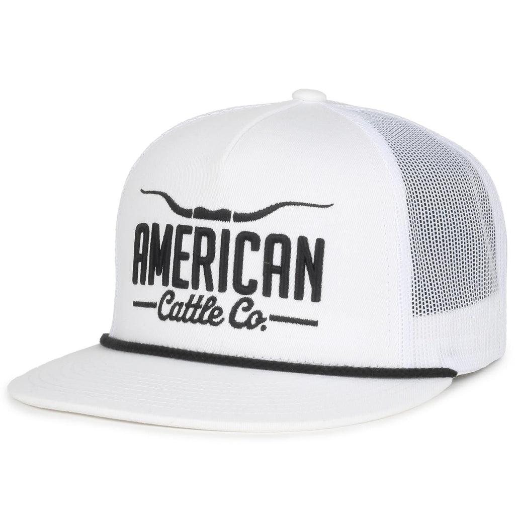 The Longhorn Hat by Rural Cloth is a white mesh 5-Panel Flat Bill Snapback featuring 