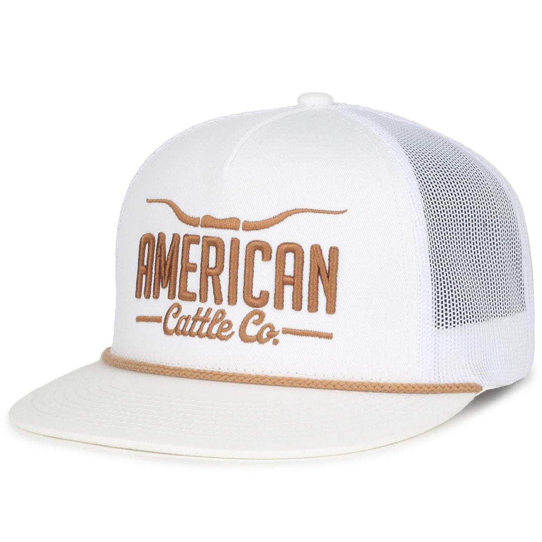 The "Longhorn Hat" by Rural Cloth is a white mesh trucker hat with a solid front panel featuring a brown embroidered design. The design includes the words "American Cattle Co." and a stylized image of a cow's horns, reflecting the ranching lifestyle. The hat has a curved brim and rope detail above it.