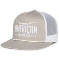 A Rural Cloth Longhorn Hat featuring a beige and white 5-Panel Flat Bill Snapback design with 