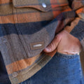 A close-up of a person wearing Rural Cloth’s multi-colored plaid wool Lumberjacket with their right hand in a blue jean pocket. The men's jacket features a small leather patch with a wheat emblem near the bottom button.