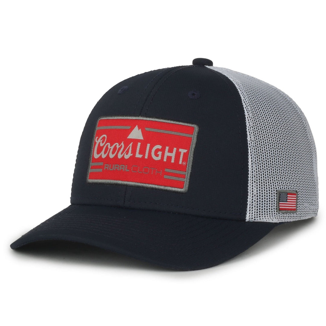 The Retro Coors Light Hat by Rural Cloth features a red and white "Coors Light" patch on the black front, complemented by a small American flag patch on the right side. The gray mesh back contrasts with the solid front, creating a classic snapback style ideal for those who appreciate rural living.