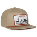 The Roper Hat from Rural Cloth is a khaki-colored baseball cap featuring a rectangular patch of cowboys herding cattle, reading 