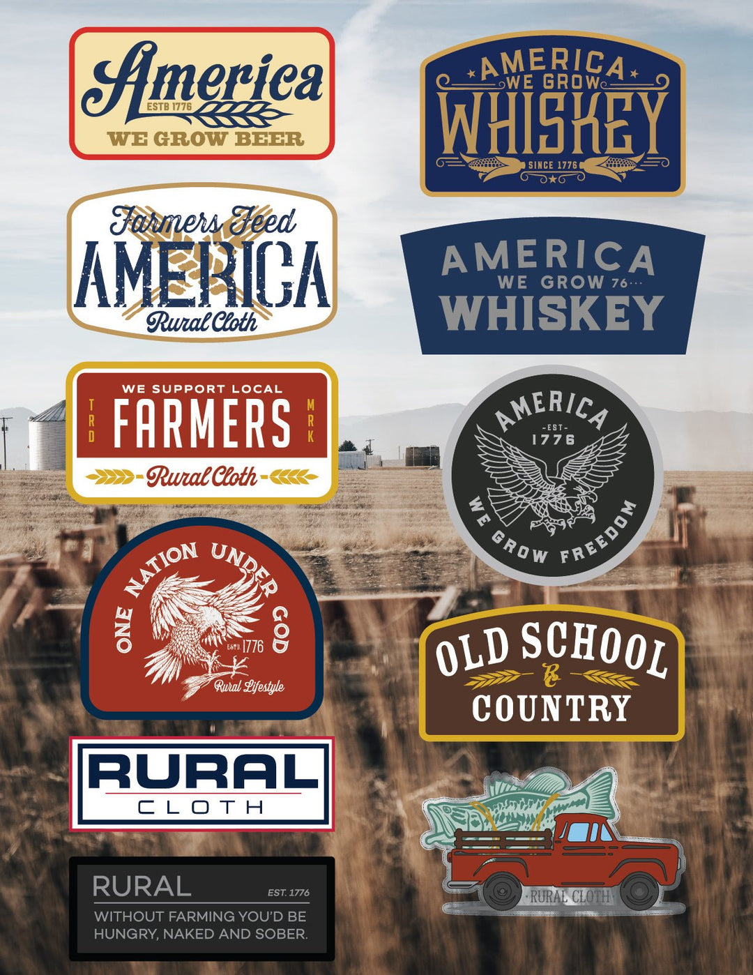 A collage featuring an array of vintage-inspired labels and logos with phrases such as "America We Grow Beer", "America We Grow Whiskey", "Farmers Feed America Rural Cloth", and "Old School Country". The backdrop displays a picturesque farm scene with sprawling fields and a classic red truck, perfectly encapsulating the essence of the Rural Life Decal Sheet by Rural Cloth.