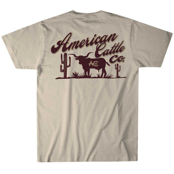 The cream Shadowhorn Tee from Rural Cloth features a bold longhorn silhouette between two cacti, with 