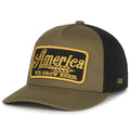 The We Grow Beer Hat-Olive by Rural Cloth features a khaki and black trucker cap design with a patch showcasing the text 