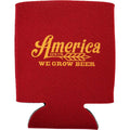 The We Grow Beer Koozie is a patriotic red beer koozie featuring 