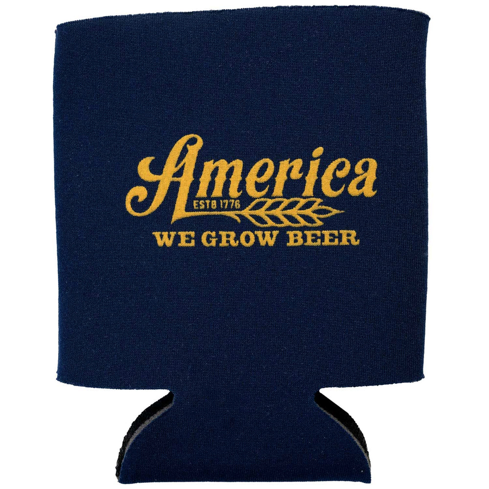 Celebrate the nation's spirit at your next backyard BBQ with the We Grow Beer Koozie from We Grow Beer Koozie. This blue beer koozie features gold text that reads "America" and "We Grow Beer," complemented by a stylized wheat graphic, keeping your favorite brew cold and patriotic.