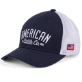 The ACC Embroidered Hat by Rural Cloth features a navy front and white mesh back, with an adjustable snapback closure. The front is adorned with 