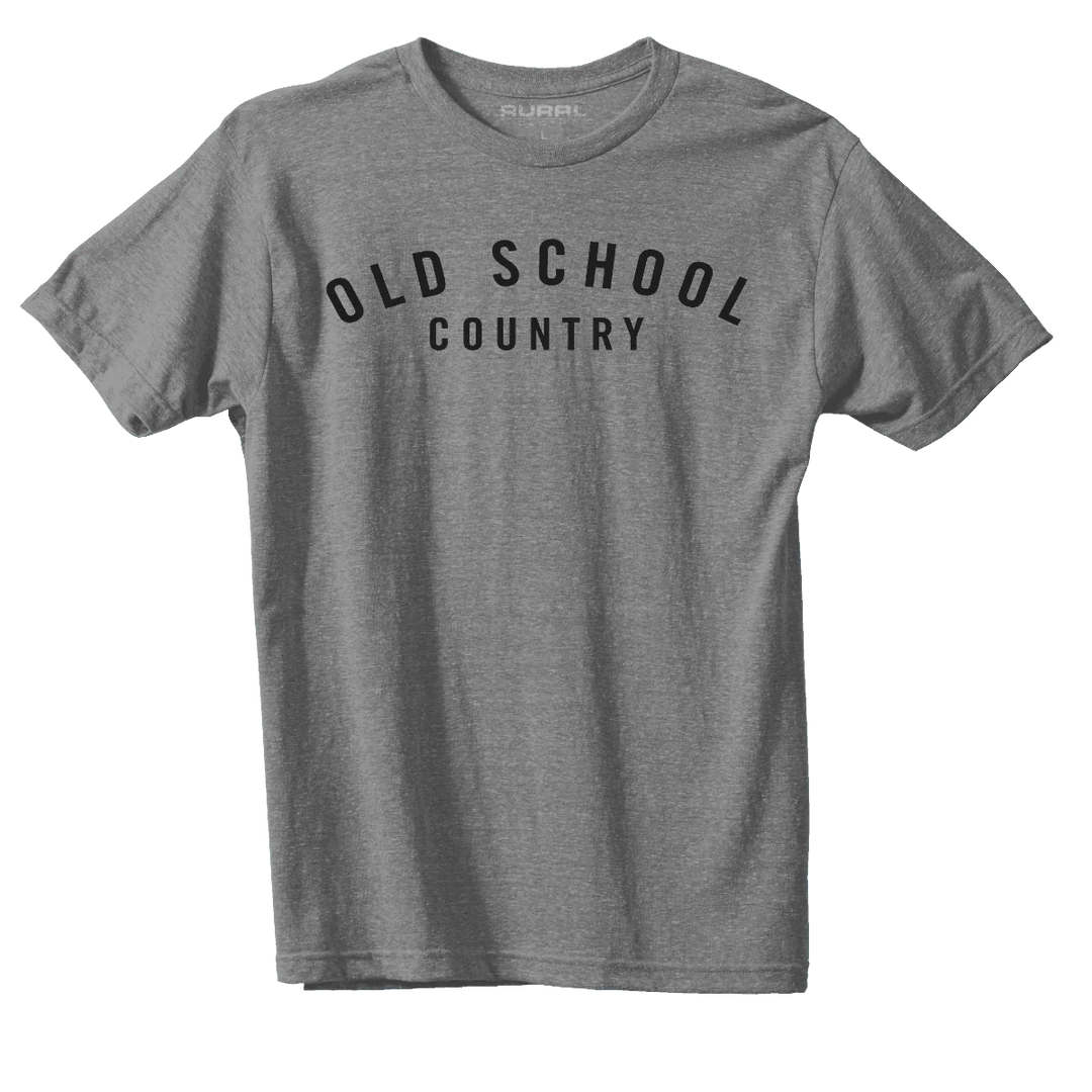 The Rural Cloth Old School Country - Heather Gray T-shirt showcases a gray, short-sleeved design with "OLD SCHOOL COUNTRY" prominently displayed across the chest in bold black uppercase letters. Crafted from tri-blend material, it features a classic crew neckline and a modern athletic fit for optimal comfort.