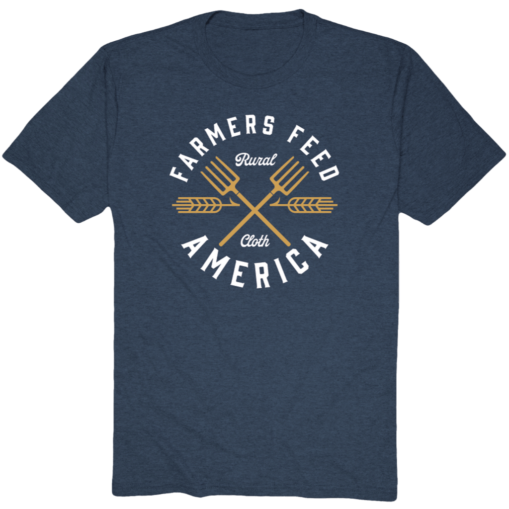 The Pitchfork Tee from Rural Cloth is a navy blue t-shirt that prominently displays the bold, white slogan 