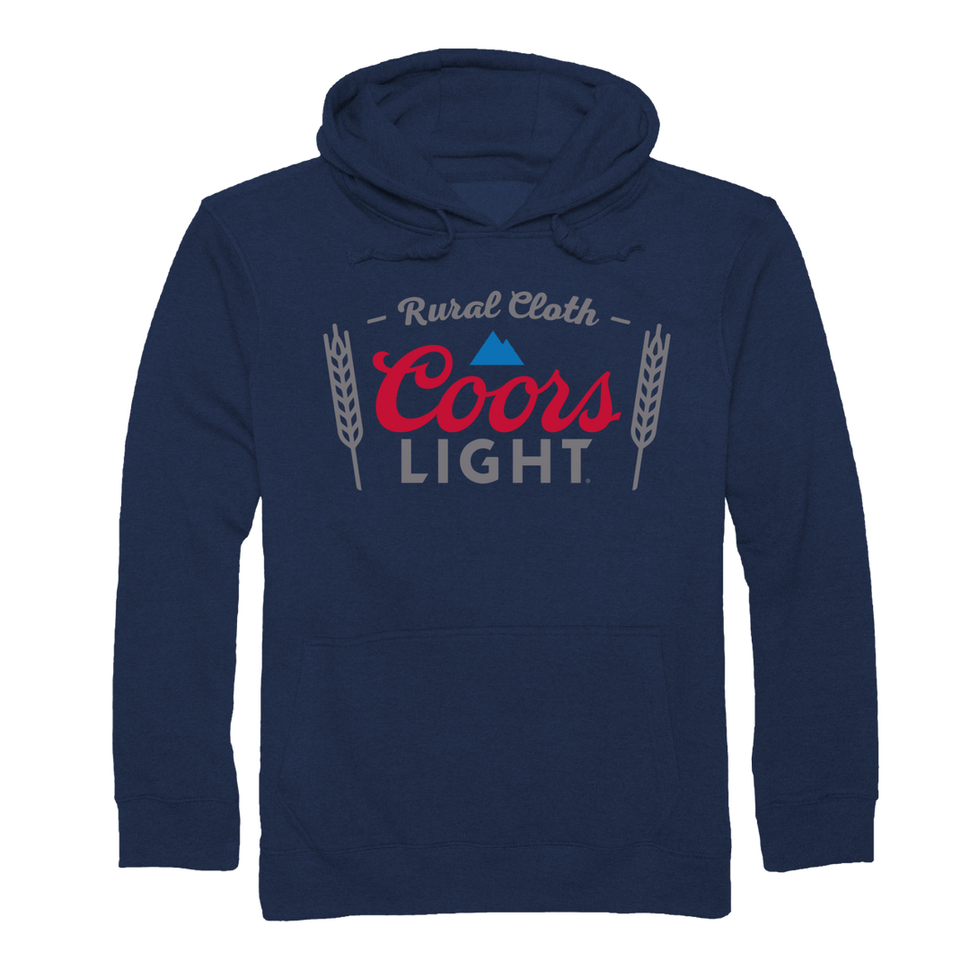 Introducing the RC x CL Pullover-Heather Navy from Rural Cloth— a stylish hoodie featuring "Rural Cloth Coors Light" prominently printed on the front in white, red, and blue. Enhanced with wheat stalk graphics, this comfortable pullover is made from a soft cotton/polyester blend fleece and includes a convenient front pocket and adjustable drawstrings at the hood. Ideal for any American beer enthusiast!