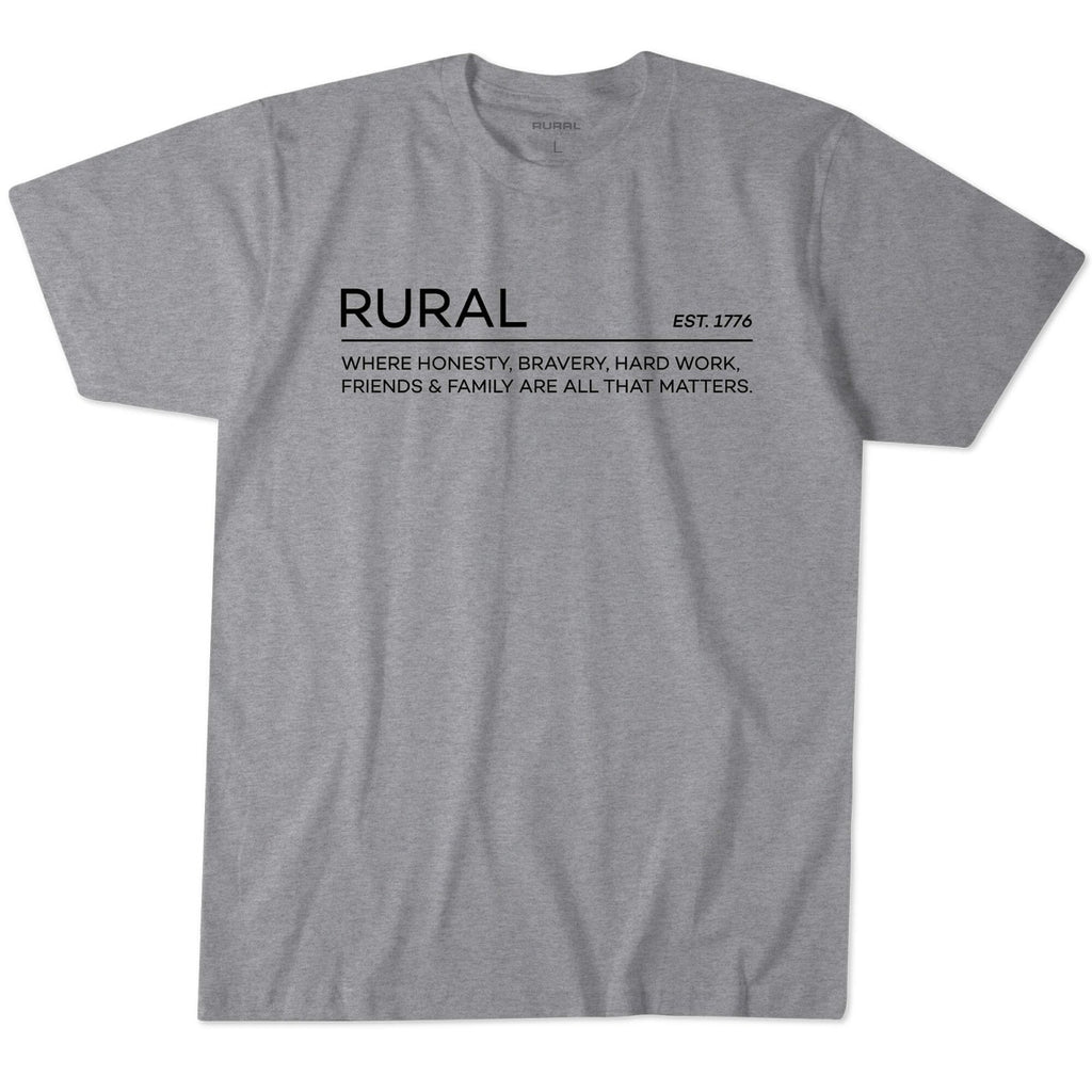 Introducing the Rural Values Tee from Rural Cloth—a gray T-shirt featuring black text that reads, 