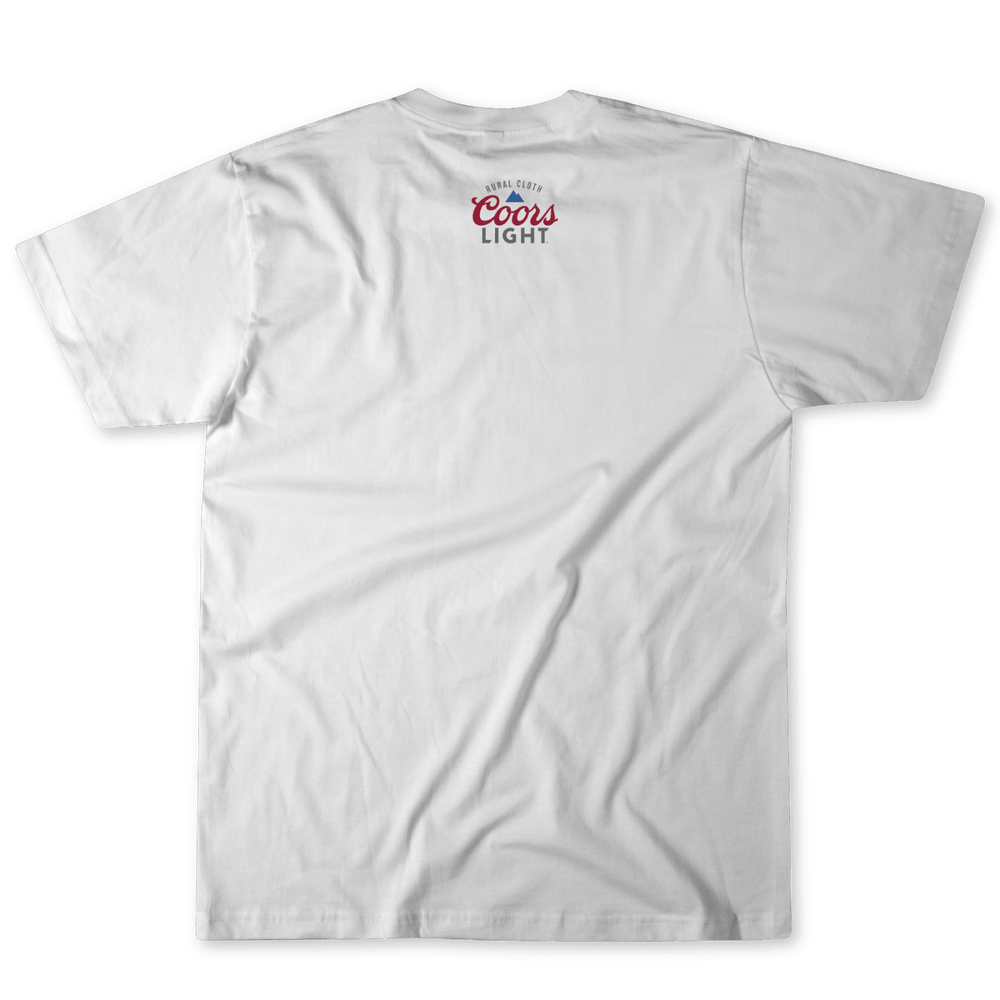 The image shows the back view of the We Grow Coors Light Tee by Rural Cloth. Near the shoulder area, there is a small logo printed in red and grey, reading "Coors Light," reminiscent of their signature Silver Bullet cans of American beer.